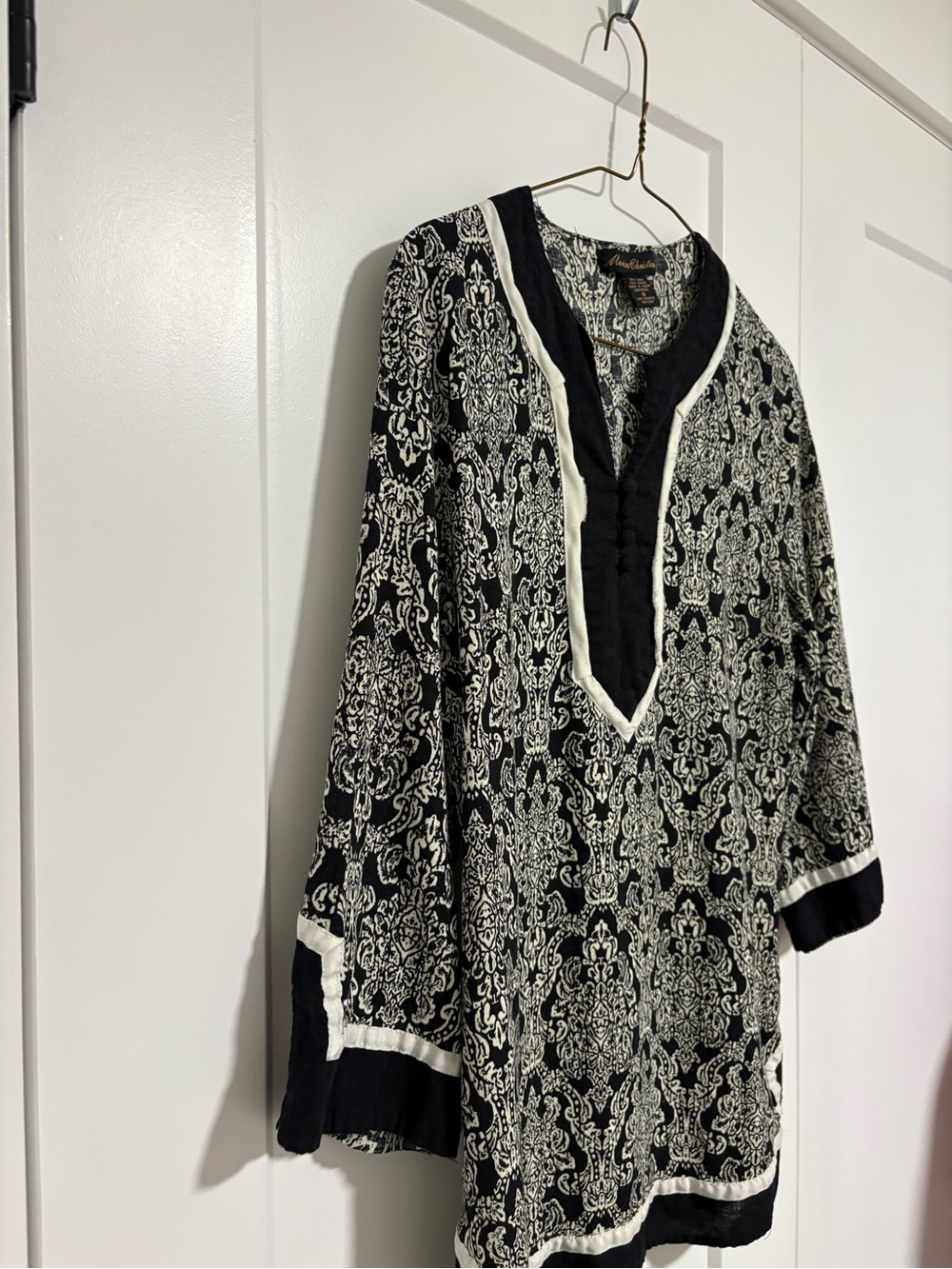 Marisa Christina Linen Blend Black and Cream 3/4 Sleeve Tunic Top Size Medium - Picture 8 of 12